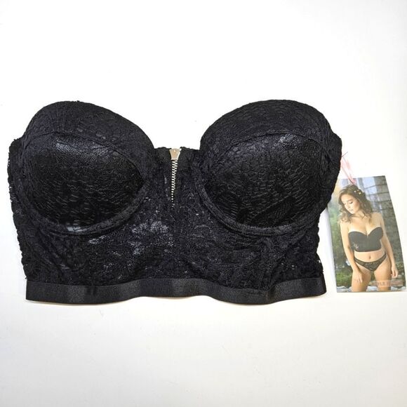 NEW Fantasy Lingerie Midnight Garden Black Bustier Longline Bra Crop Top L/XL - Picture 4 of 8
